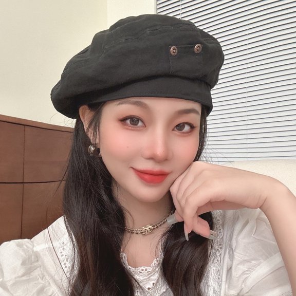 Zhengsping Old Washed Denim Cotton Beret For Women In Spring And Autumn, Fashionable And Versatile, Copper Buckle, Retro Design, And Bud Painter Hat