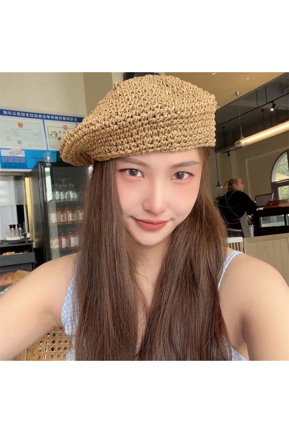 Summer Original Straw Weaving Beret, Simple And Versatile, Breathable Thin Hollow Sun Shading Straw Hat Painter Hat For Women In Summer