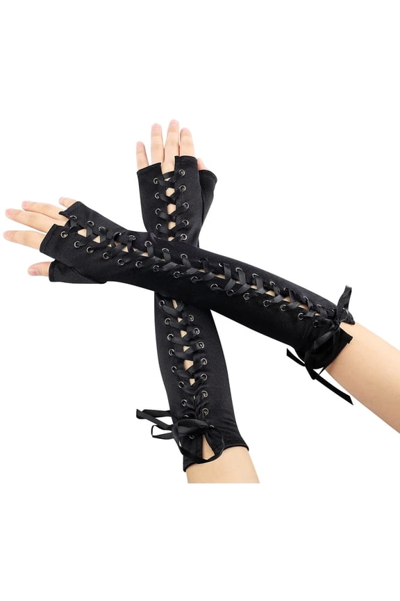 1 Pair Women Long Fingerless Gloves, Lace Up Satin Fashionable Steampunk Gloves Arm Warmer for Women Ladies Girls Wedding Party Halloween Cosplay Dress Up Accessories (Black)