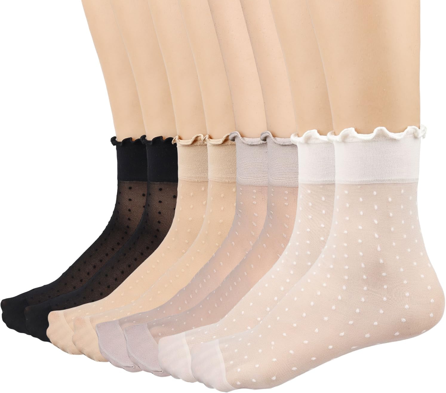 Zhengup 12 Pairs Women's Sheer Ruffle Socks Nude Stocking Summer Ultra Thin Cool See Through Silk Ankle Socks for Women