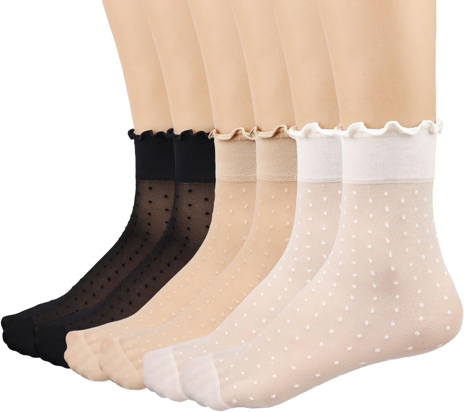 Zhengup 12 Pairs Women's Sheer Ruffle Socks Nude Stocking Summer Ultra Thin Cool See Through Silk Ankle Socks for Women