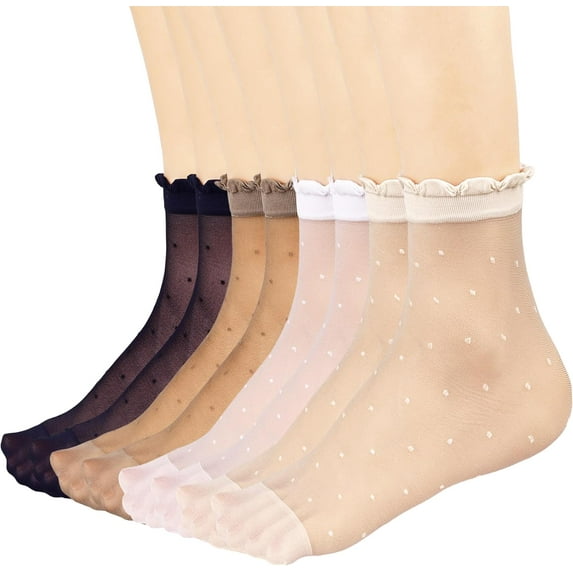Zhengup 12 Pairs Women's Sheer Ruffled Socks Frilly Ankle High Nude Nylon Stocking Summer Ultra Thin Cool Silk Dot Socks for Women