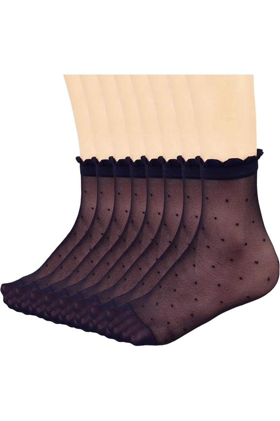 12 Pairs Women's Sheer Ruffled Socks Frilly Ankle High Nylon Stocking Summer Ultra Thin Cool Silk Dot Socks for Women Blue