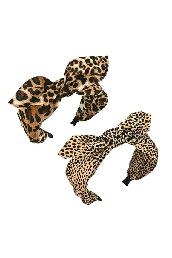 2-Piece Leopard Print Bow Headbands, Cute Wide Knotted Headband for Women Girls Thin Thick Hair, Non-Slip Fashion Hairbands Hair Accessories (Beige)