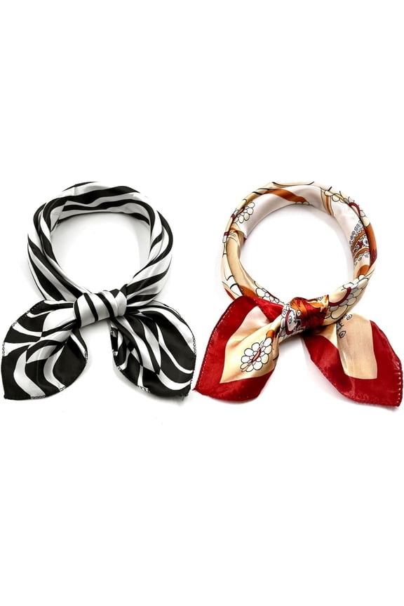 2Pcs Women's Satin Silky Scarves - 19.6"x19.6" - Square Printed Neckerchief Neck Scarf