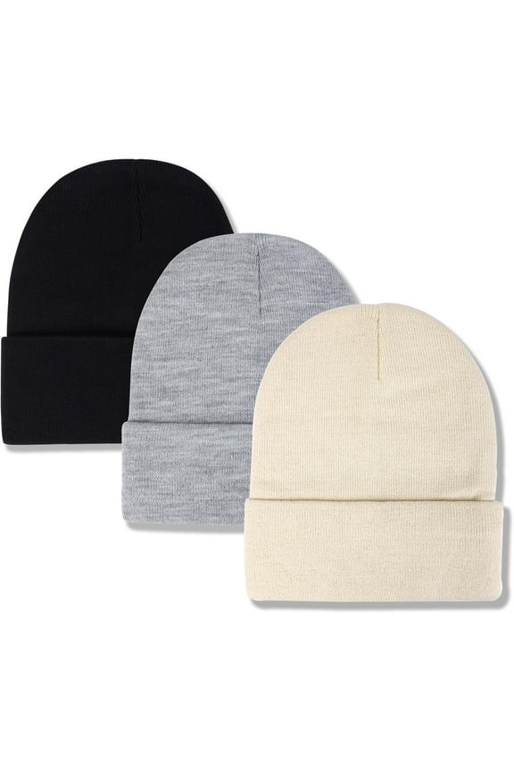 3 Pack Unisex Winter Warm Knit Beanie Hats Cuffed Ribbed Skull Caps Toboggan Hat for Women Men