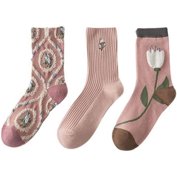 Zhengup 3 Pairs of Women Pink Floral Socks Cute Lolita Crew Socks Vintage Socks Comfort Fit Ankle Socks Cottagecore Cotton Socks