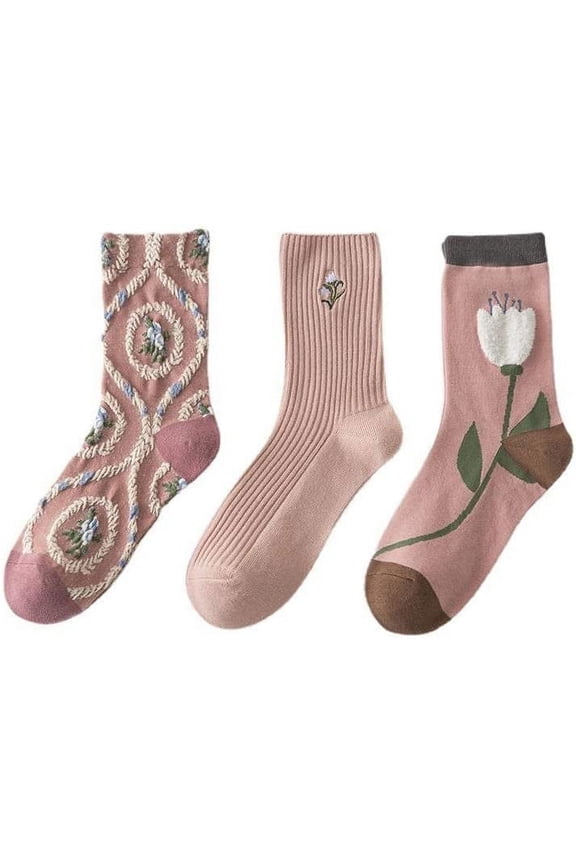 3 Pairs of Women Pink Floral Socks Cute Lolita Crew Socks Vintage Socks Comfort Fit Ankle Socks Cottagecore Cotton Socks