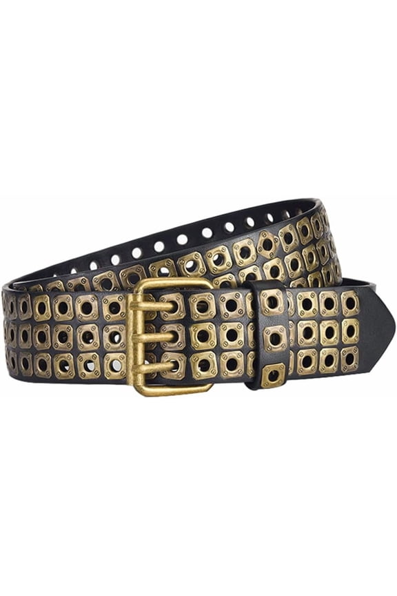 3 Row Studded Holes Grommet Faux Leather Belts for Women Men Punk Jeans Pants Coat