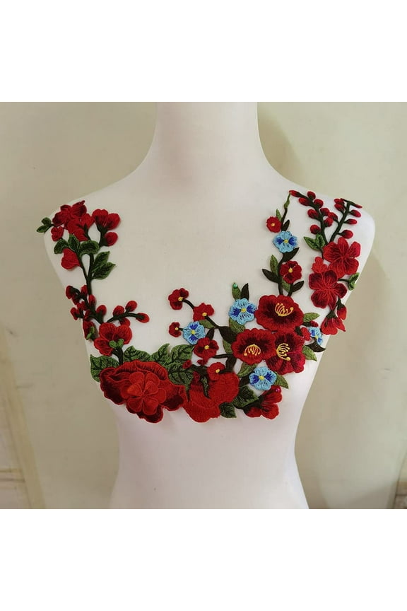 3PCS Flower Patch Embroidered Garment Appliques Sew on Patches Clothes Cheongsam Wedding Dress Accessory (Cyan B)