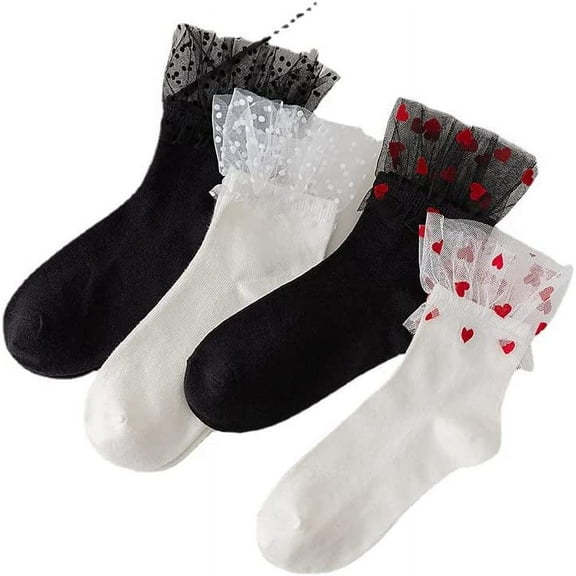 Zhengup 4 Pairs Women's Lace Cottagecore Socks Cute Lolita Socks Heart Shape Mesh Fairycore Socks Kawaii Aesthetic Accessories