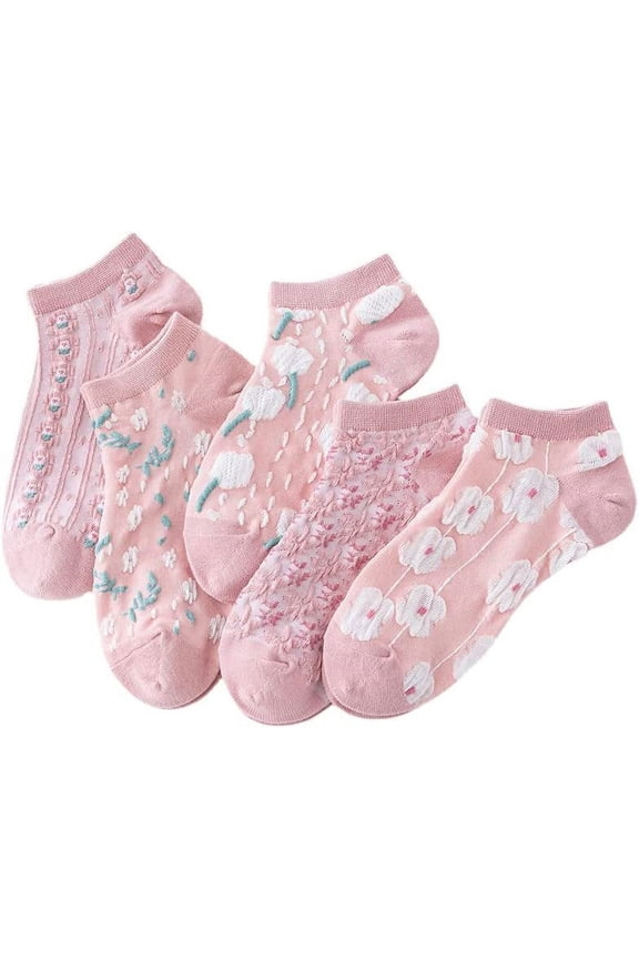 5 Pair Pink Cute Socks, Cottagecore 3D Floral Crew Socks for Women, Y2K Summer Soft Breathable Ankle Socks