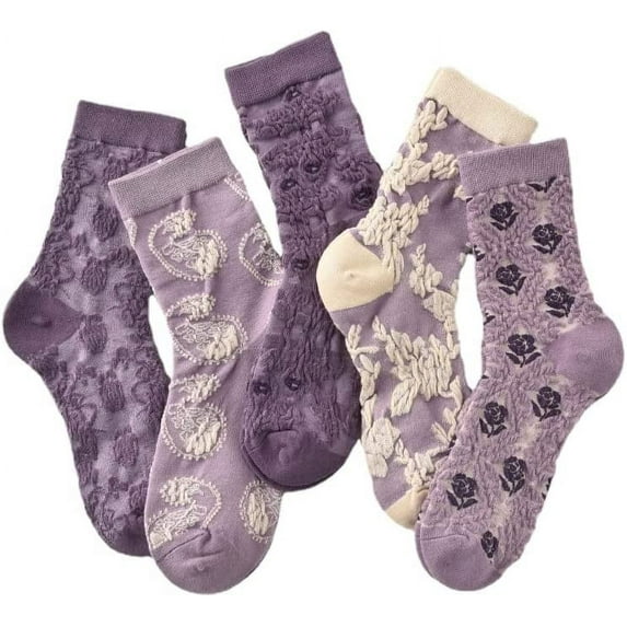 Zhengup 5 Pairs Cute Socks, Women's Summer Lace Ruffles Ankle Sock, Cottagecore Breathable Mid Tube Floor Socks, Floral Crew Sock