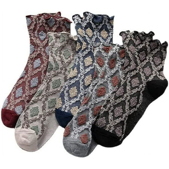 Zhengup 5 Pairs Floral Socks Y2K Vintage Ethnic Jacquard Crew Cotton Socks Cottagecore Knit Dress Socks