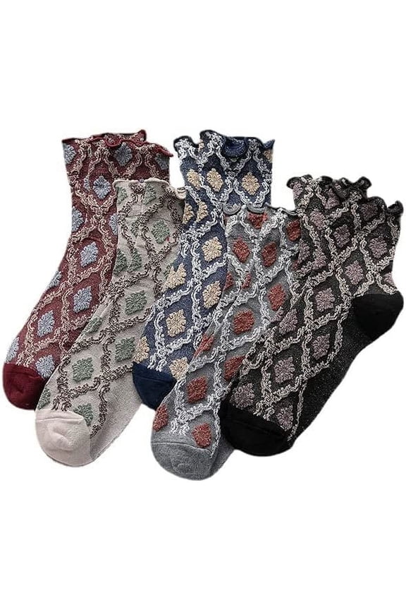 5 Pairs Floral Socks Y2K Vintage Ethnic Jacquard Crew Cotton Socks Cottagecore Knit Dress Socks