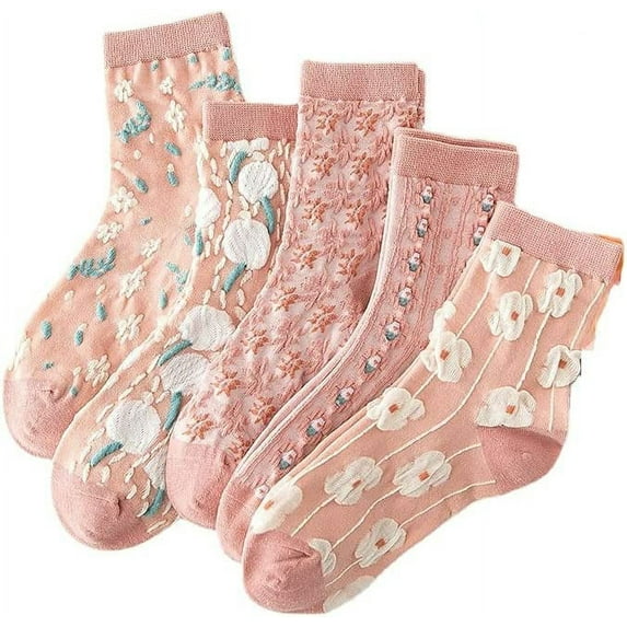 Zhengup 5 Pairs Pink Floral 3D Textured Cotton Socks, Women Mid Tube Cottagecore Lace Ruffles Ankle Sock, Kawaii Breathable Crew Sock