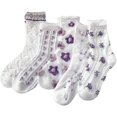 thumbnail image 1 of Zhengup 5 Pairs Purple Floral Socks Y2K Vintage Embroidered and Patterned Crew Socks Ankle Ruffled Warm Fairycore Dress Socks, 1 of 7