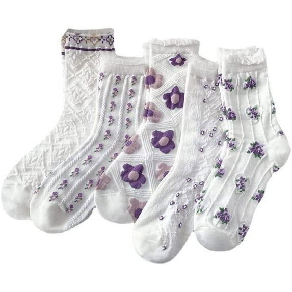 Zhengup 5 Pairs Purple Floral Socks Y2K Vintage Embroidered and Patterned Crew Socks Ankle Ruffled Warm Fairycore Dress Socks