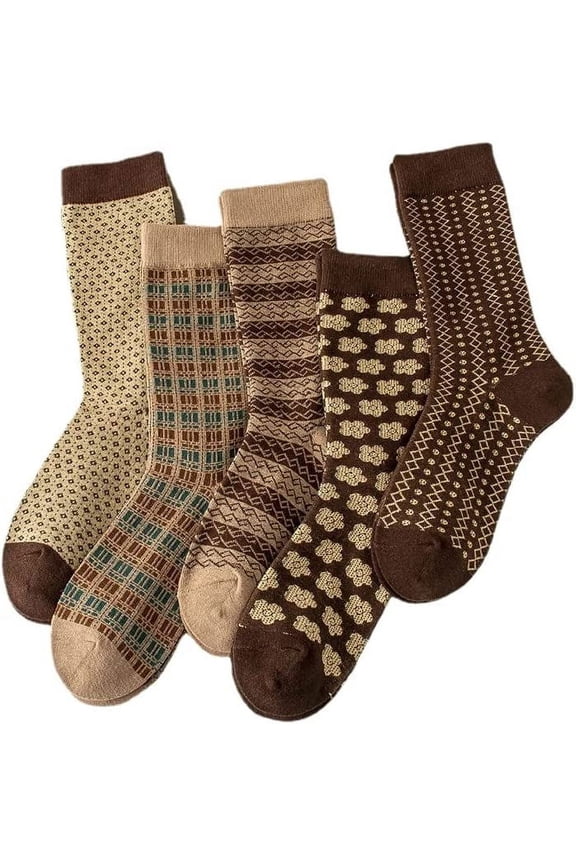 5 Pairs Socks, Women's Vintage Lattice Thick Warm Mid Tube Cotton Socks, Breathable Aesthetic Fall Mid Tube Floor Socks