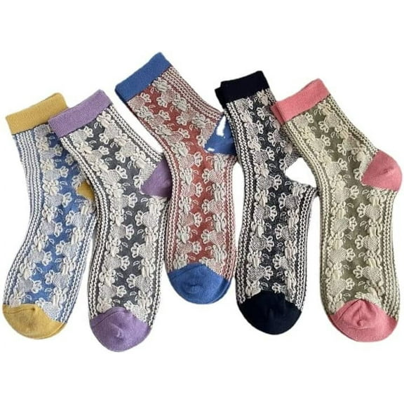 Zhengup 5 Pairs Vintage Floral Socks Y2K Lolita Ethnic Jacquard Crew Cotton Socks Fairy Grunge Alt Emo Dress Socks