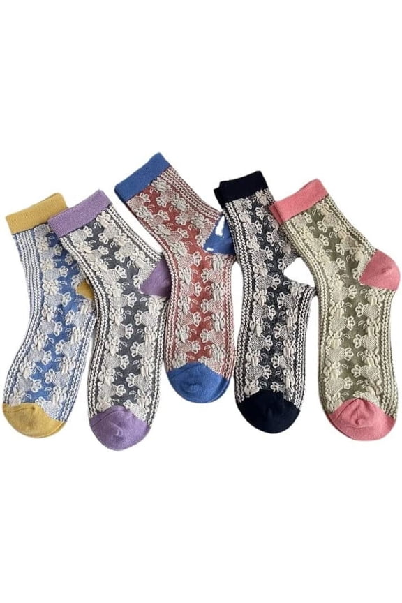 5 Pairs Vintage Floral Socks Y2K Lolita Ethnic Jacquard Crew Cotton Socks Fairy Grunge Alt Emo Dress Socks