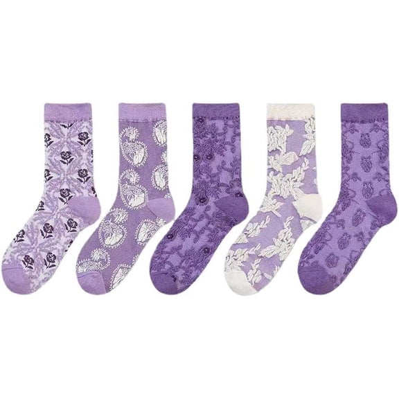 Zhengup 5 Pairs Vintage Purple Floral Socks Y2K Grunge Ethnic Jacquard Crew Cotton Socks Fairycore Alt Emo Dress Socks