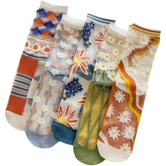 Zhengup 5 Pairs Women Floral Sheer Sock Elastic See Through Socks Summer Thin Mesh Lace Jacquard Socks Cottagecore Accessories