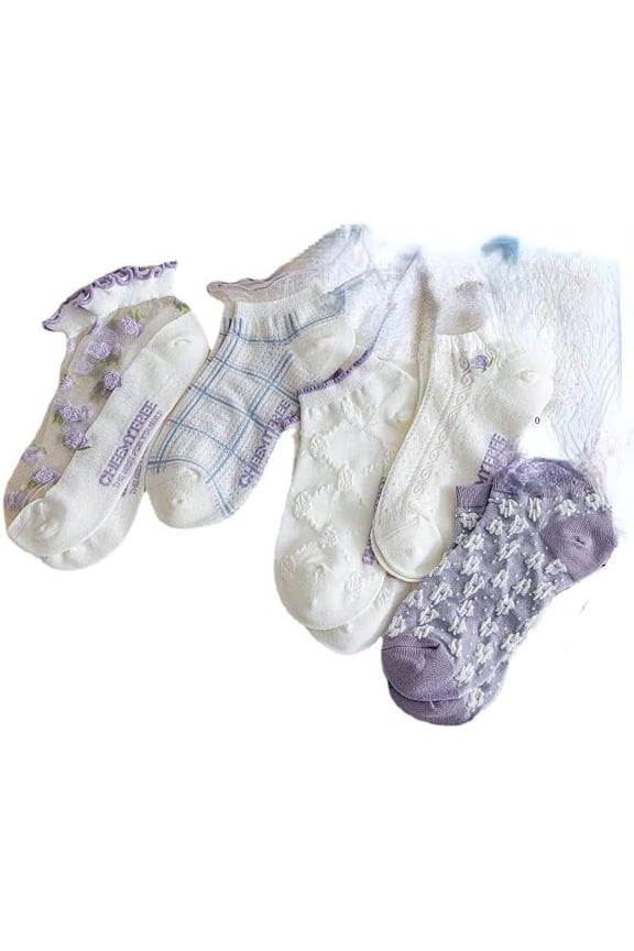 5 Pairs Women's Crew Neck Socks Casual Flower Pattern Printed Socks Cute Fairy Japanese Socks Aesthetic Accessories