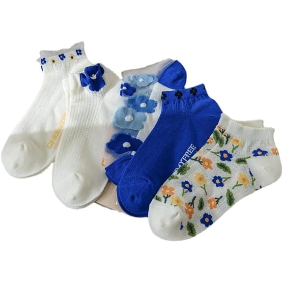 Zhengup 5 Pairs Women's Floral Socks Cute Funny Ankle Socks Casual Glass Invisible Crew Socks Japanese Kawaii Aesthetic Socks