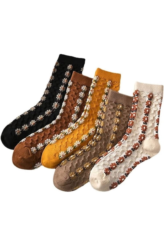 5 Pairs Womens Floral Socks Japanese Vintage Cottagecore Warm Mid Tube Cotton Socks Ethnic Aesthetic Dress Socks