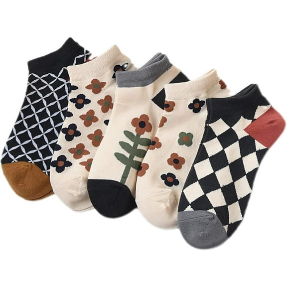 Zhengup 5 pairs Women's Floral Fairycore Short Socks Cotton Plaid Pattern Kawaii Crew Socks Cottagecore Cozy Soft Socks