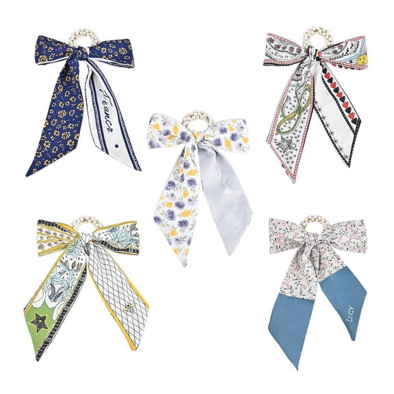 Zhengup 5Pcs Scarf Pearl Scrunchies, Bow Hair Tie Cute Ribbon for Hair for Girls Women, Bowknot Hair ties Hair Silk Satin Scarf with Bows Ponytail Holders (Black & White)