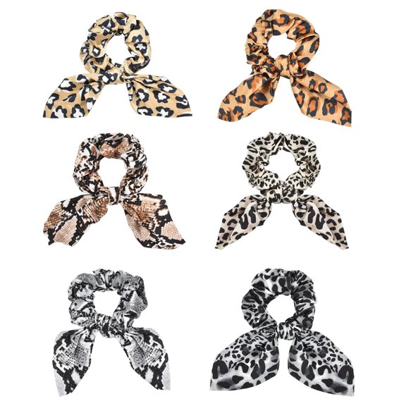 Zhengup 6-Piece Satin Bowknot Elastic Hair Ties, Animal Print Leopard Scrunchies Ladies Long Lasting Braids Ponytail Holders, Soft Elegant Bow Hair Tie Ribbon Rubber Bands Hair Accessories