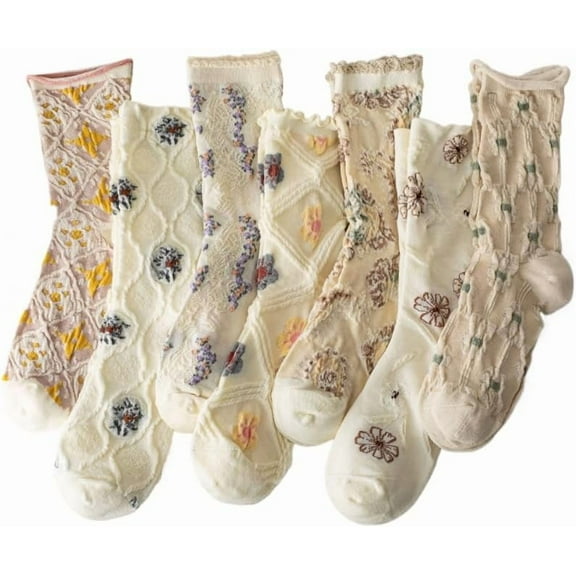 Zhengup 7 Pair Beige Cute Socks Coquette 3D Floral Socks Vintage Patterned Crew Frilly Socks Ruffle Casual Dress Socks