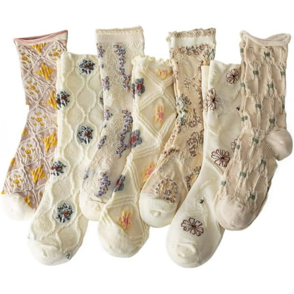 Zhengup 7 Pair Beige Cute Socks Coquette 3D Floral Socks Vintage Patterned Crew Frilly Socks Ruffle Casual Dress Socks