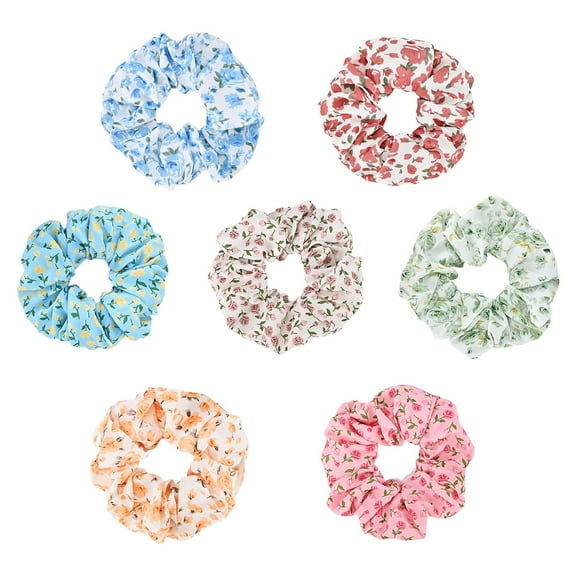 Zhengup 7-Piece Flower Colorful Chiffon Scrunchies for Women Girls, No Damage Elastic Hair Ties, Bulk Ponytail Holder Hair Bands, Fashion Rubber Band Hair Accessories for Thin Thick Hair (White Rose)