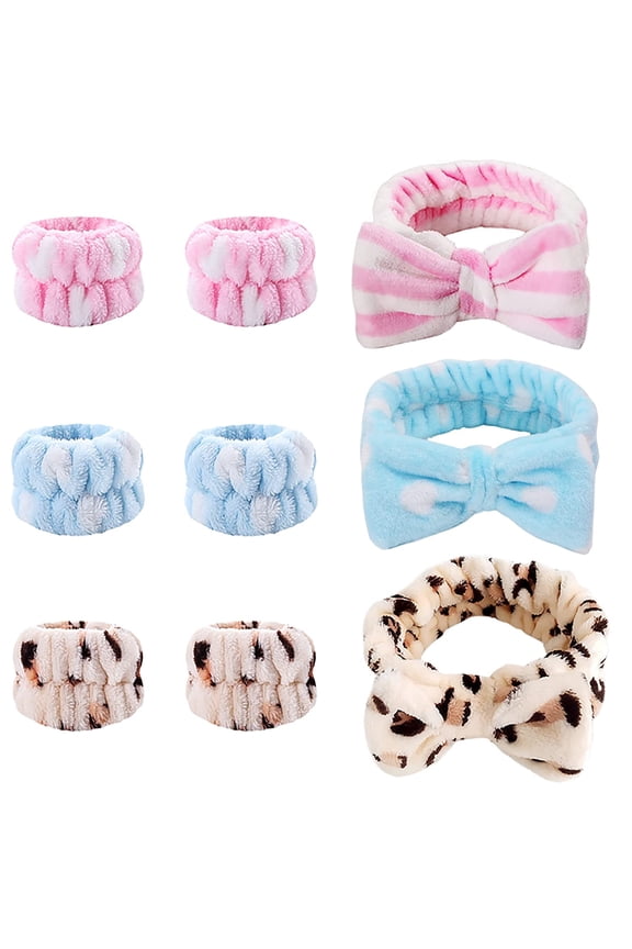 9 Pcs Spa Headband Wrist Washband Set, Face Wash Headband Facial Makeup Headband Bow Hair Band, Soft Coral Fleece Elastic Head Wraps Absorbent Wristbands for Women Girls