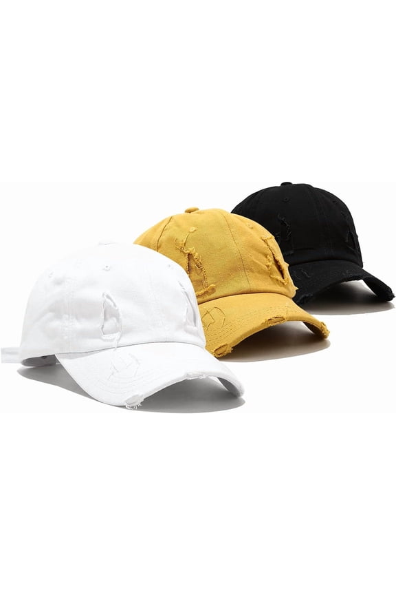 Baseball Cap 3 Pack Vintage Distressed Low Profile Unstructured Broken Patch Cotton Dad Hat Adjustable for Women Men