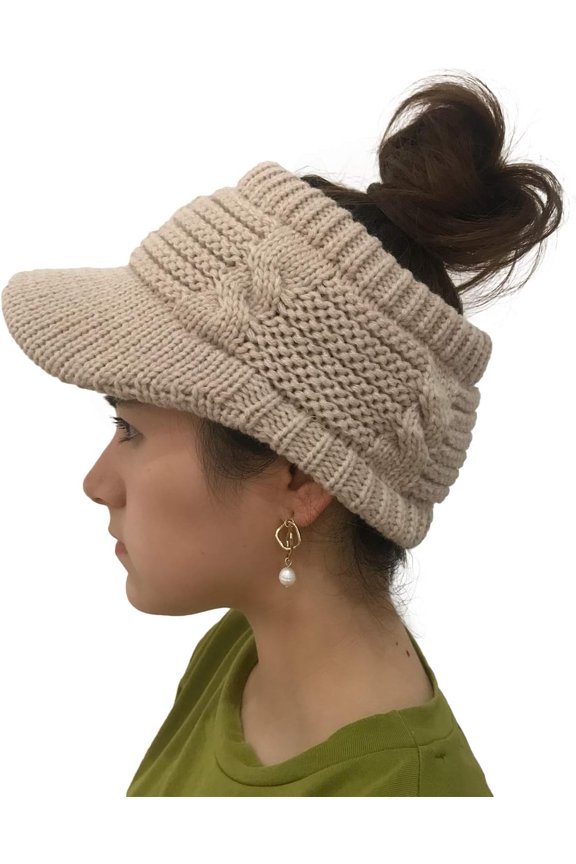 Beanie Tail Winter Warm Knit Messy High Bun Ponytail Hats Visor Beanie Cap