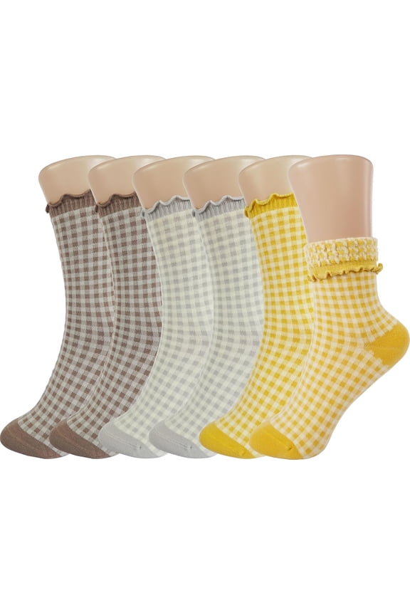Checkered Ruffle Socks Women - Cute Plaid Frilly Sock - Casual Crew Cotton Socks Size 5-9