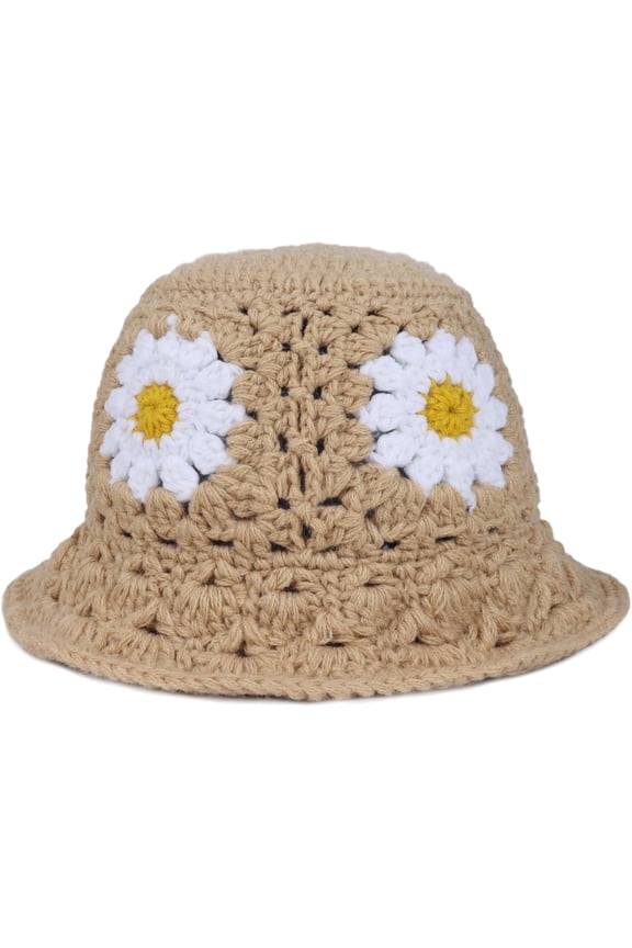 Daisy Flower Crochet Bucket Hat Packable Short Brim Knit Fisherman Hat for Women