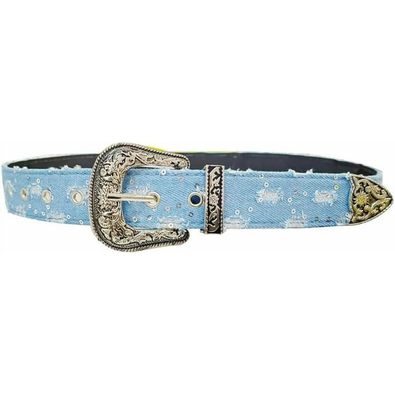 Zhengup Fashion Denim Blue PU Leather Waist Belts Sequin for Women Ladies Cowgirl for Pants Jeans Dresse
