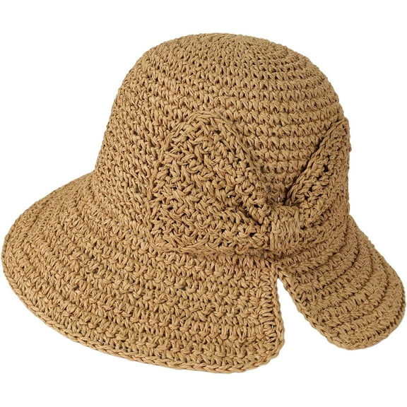 Zhengup Floppy Straw Sun Hat Foldable Packable Wide Brim Summer Beach Hat Crochet Bucket Hat with Bow for Women