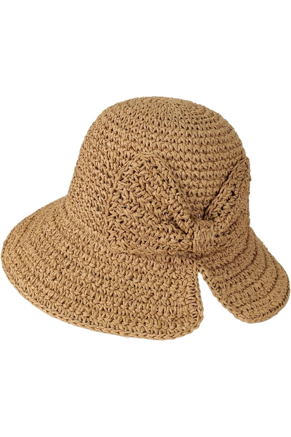 Floppy Straw Sun Hat Foldable Packable Wide Brim Summer Beach Hat Crochet Bucket Hat with Bow for Women