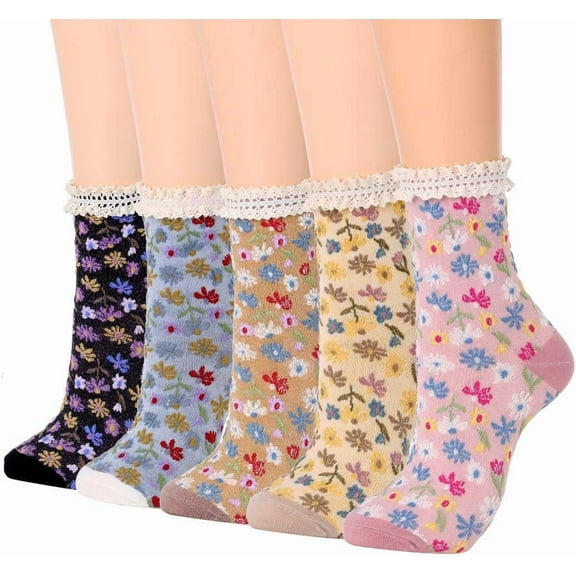 Zhengup Flower Crew Socks Cute Frilly Cotton Socks Ruffle Ankle Socks Comfortable Casual Socks for Women and Girls(5 Pack)