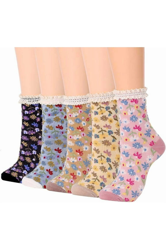 Flower Crew Socks Cute Frilly Cotton Socks Ruffle Ankle Socks Comfortable Casual Socks for Women and Girls(5 Pack)