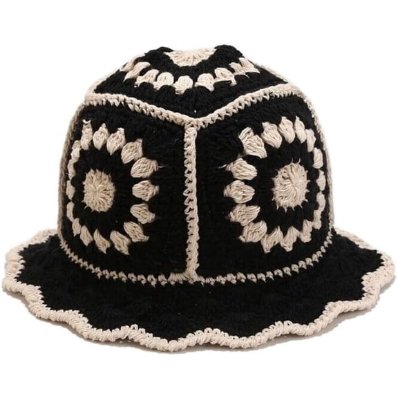 Zhengup Flower Knitted Bucket Hat Handmade Floral Fisherman's Hat Fashion Crochet Hollow Wool Hat Foldable Basin Cap Black
