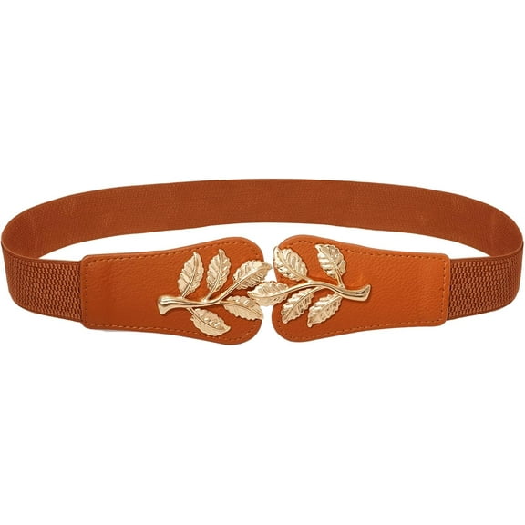 Zhengup Gold Leaf Belt - Women's Skinny Elastic Waistband with Double Knot Buckle - Stretch Belt for Jeans