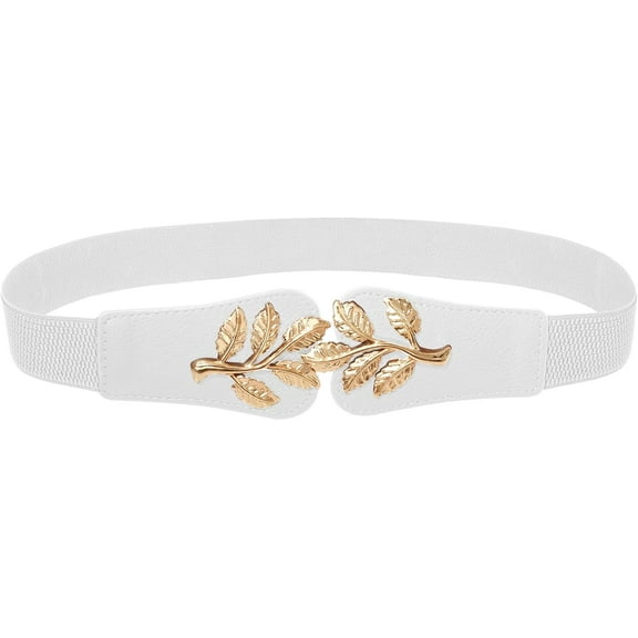 Zhengup Gold Leaf Belt - Women's Skinny Elastic Waistband with Double Knot Buckle - Stretch Belt for Jeans