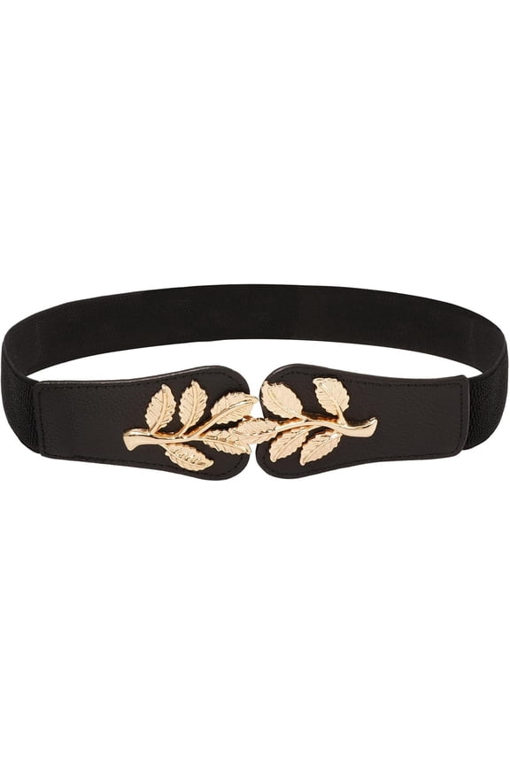 Gold Leaf Belt - Women's Skinny Elastic Waistband with Double Knot Buckle - Stretch Belt for Jeans